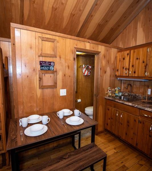 Boo Boo One Room Cabin interior, dining area with dishes and sink