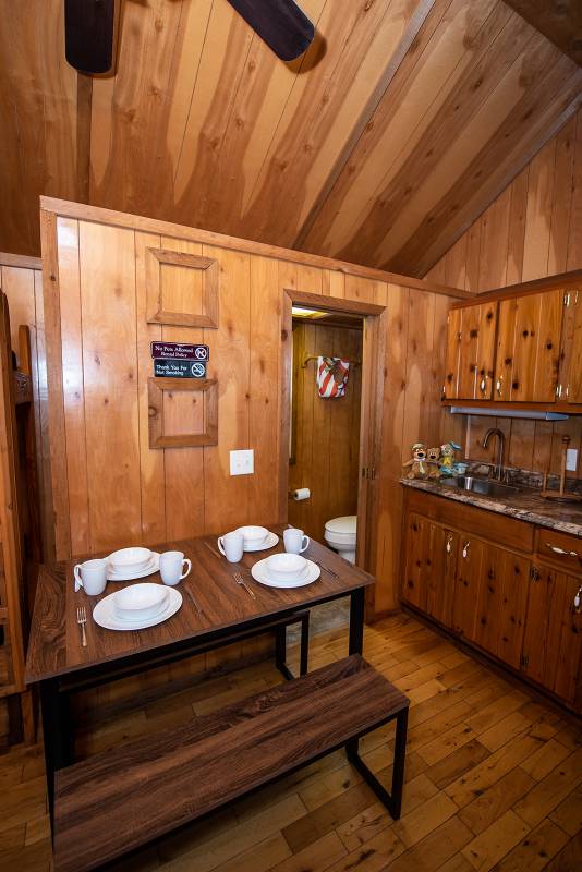 Boo Boo One Room Cabin interior, dining area with dishes and sink