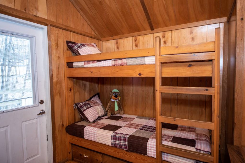 Boo Boo One Room Cabin interior, twin bunk beds