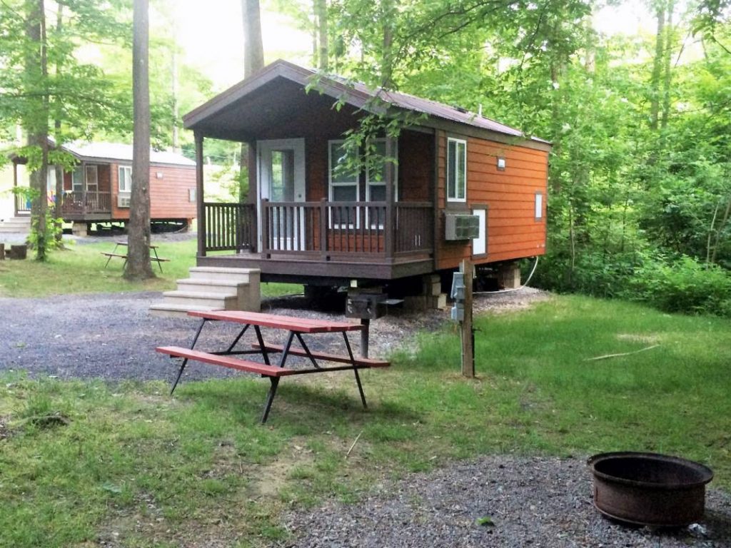 Boo Boo™ 2 Room Cabin in Forest with fire pit and picnic table