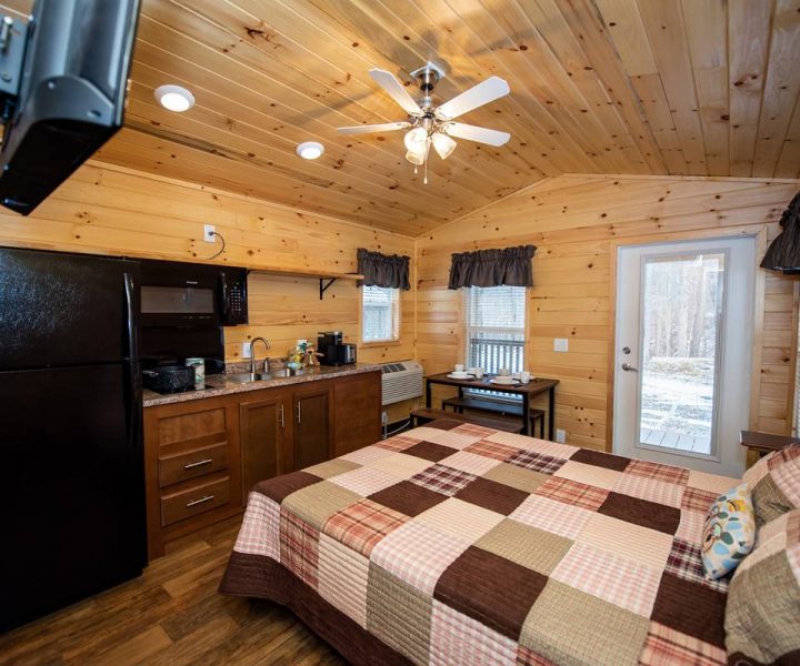 Boo Boo Two Room Cabin interior, kitchen and living area with TV, refrigerator, microwave, stovetop, ceiling fan, dining table and dishes, and queen-size bed