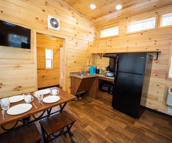 Cindy Bear™ Loft Cabin Dining Area with dishes, TV, refrigerator, sink, stovetop, and microwave