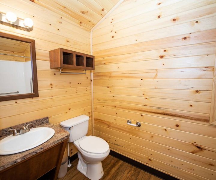 Cindy bear wheelchair access cabin interior, bathroom with mirror, sink, toilet