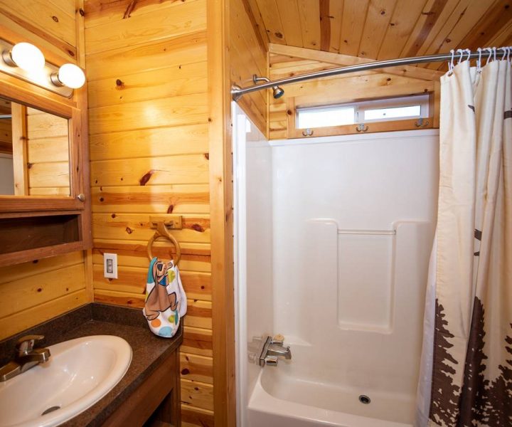 Cindy Bear cabin interior, bathroom with shower, sink, and mirror