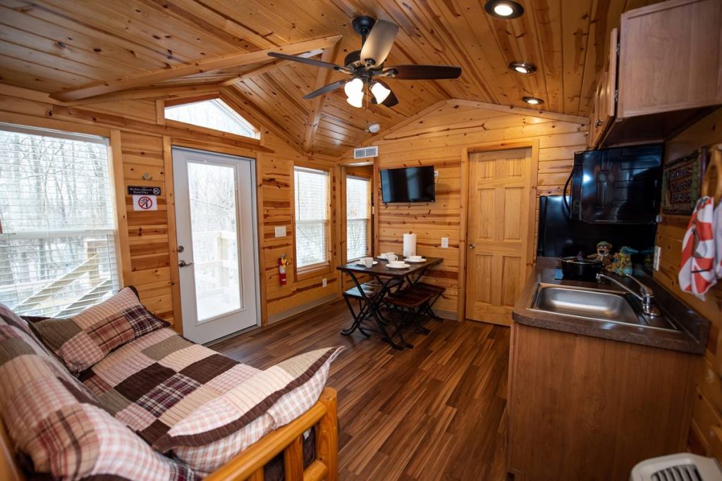 Cindy Bear cabin interior, living space with full-size futon, dining table, sink, refrigerator, microwave, TV and ceiling fan