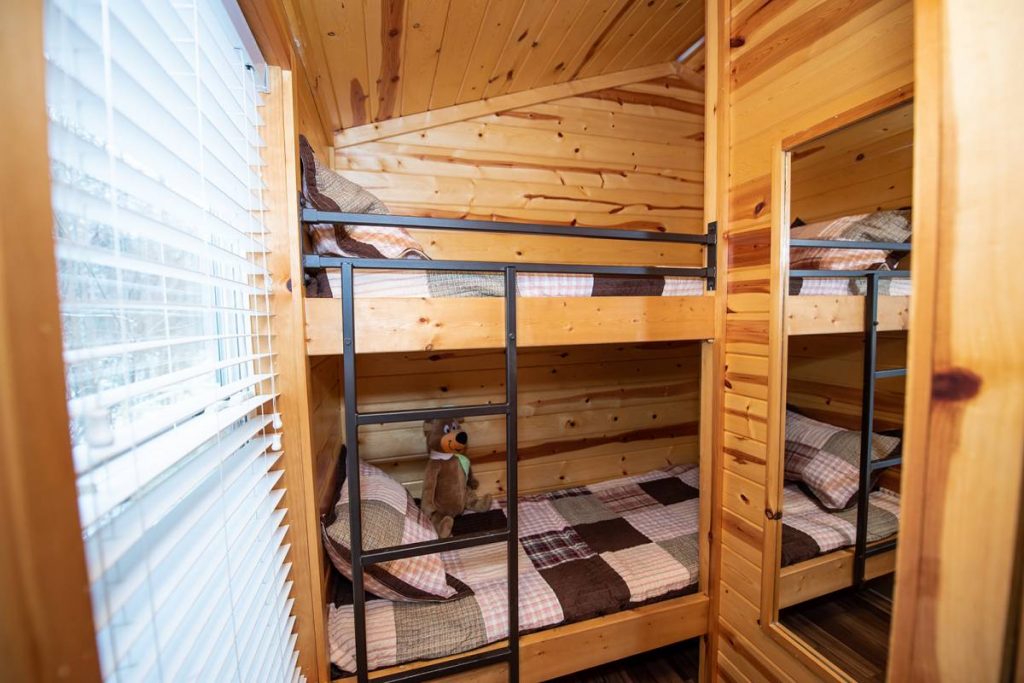 Cindy Bear cabin interior, bedroom with twin bunk bed