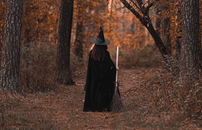 Person dressed as a witch in the woods holding a broom