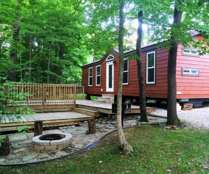 Yogi Bear Cabin Exterior with fire pit, deck, and grassy area