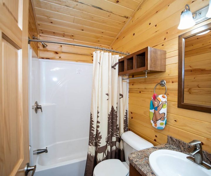 Yogi Bear Cabin interior, bathroom with shower, toilet, sink, and mirror