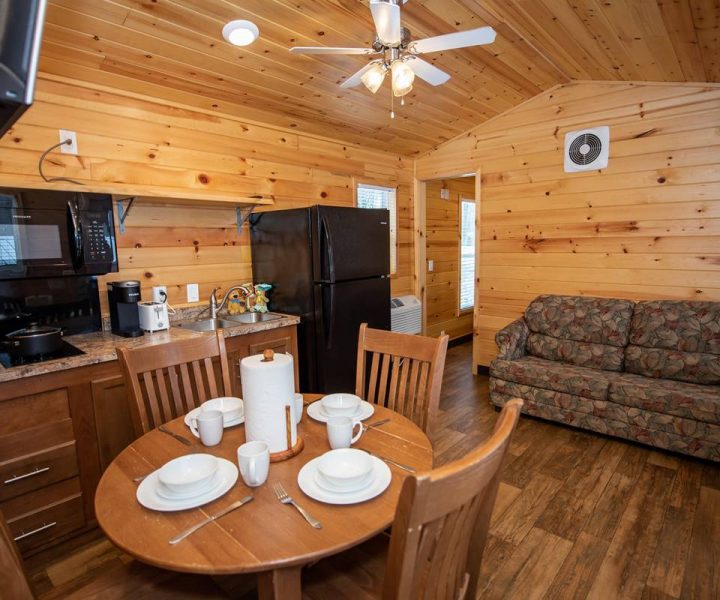 Yogi Bear Cabin Interior, Kitchen and Living space with couch, dining table with dishes, microwave, sink, and ceiling fan