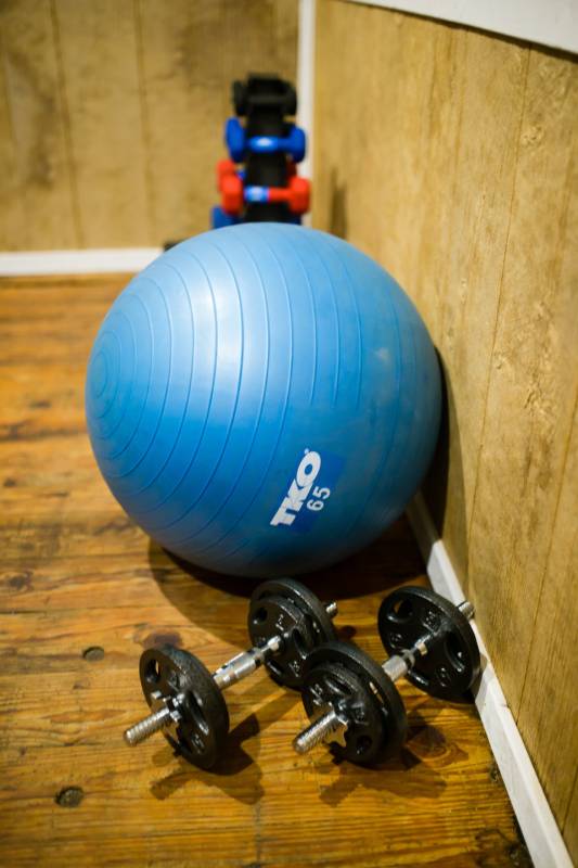 Adjustable dumbbells, a yoga ball, and fixed-weight dumbbells